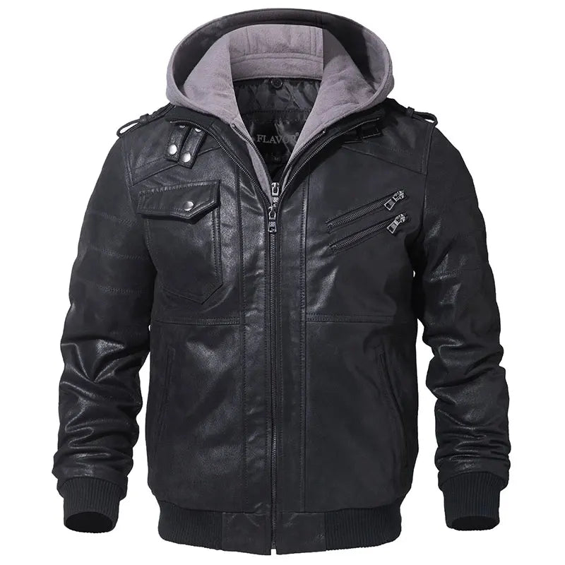 Leather Motorcycle Jacket with Removable Hood