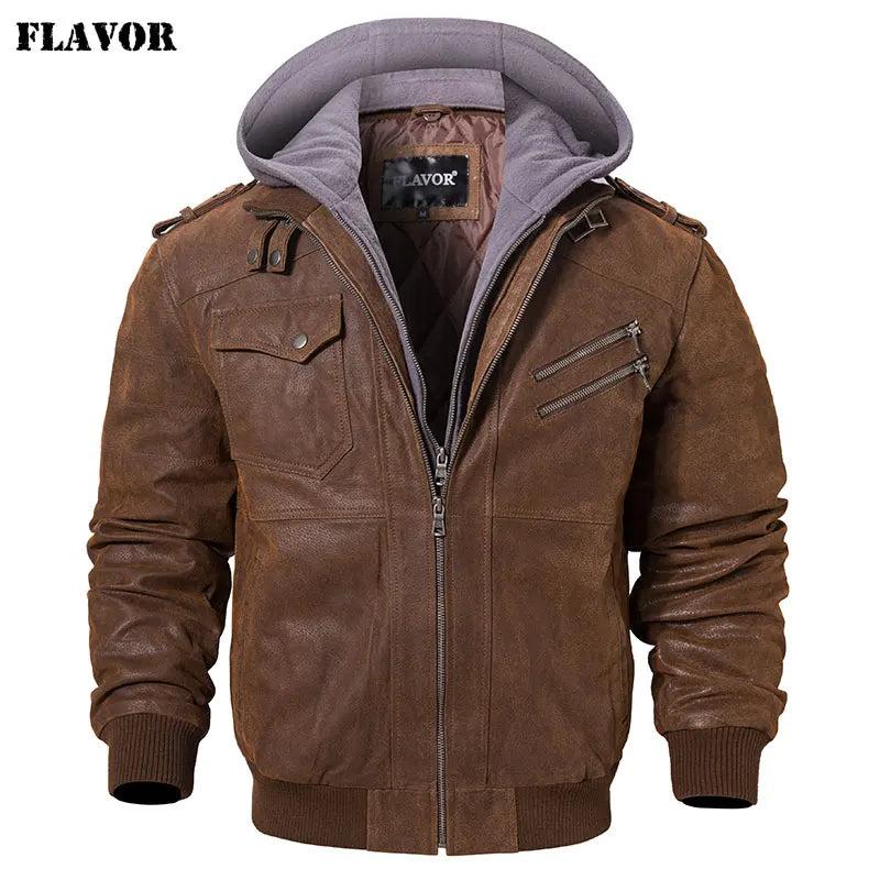 Leather Motorcycle Jacket with Removable Hood