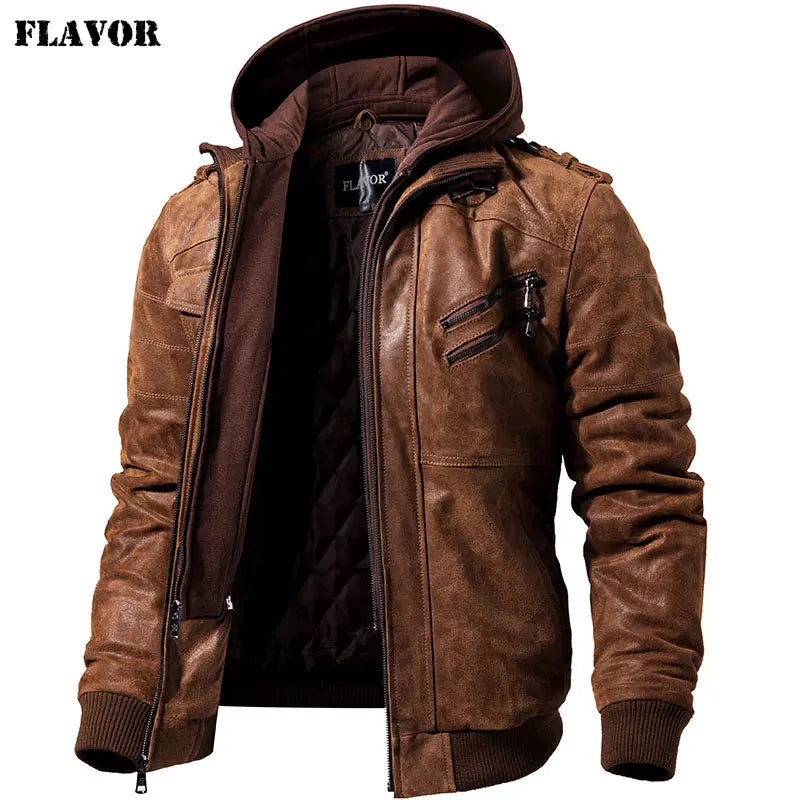 Leather Motorcycle Jacket with Removable Hood