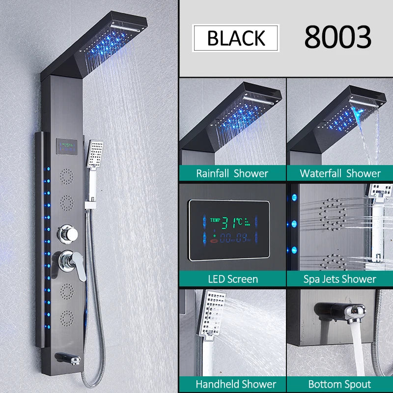Quyanre LED Shower Panel Tower System With Hydroelectric LCD Display