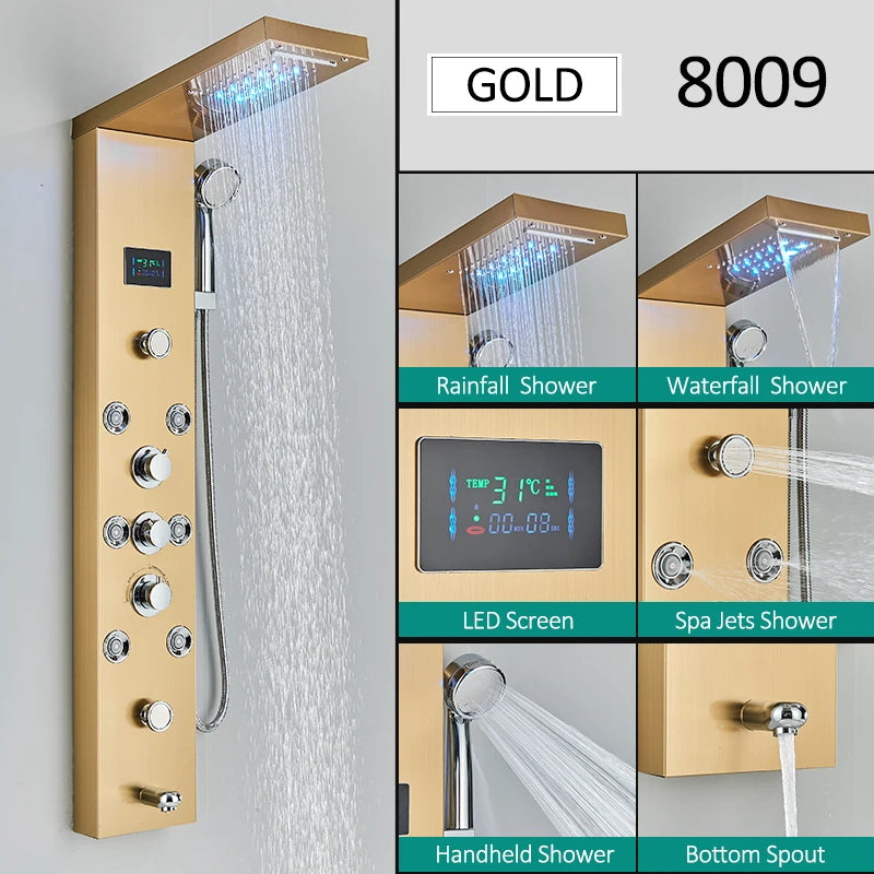 Quyanre LED Shower Panel Tower System With Hydroelectric LCD Display