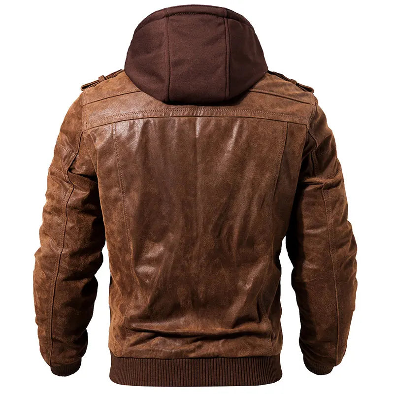Leather Motorcycle Jacket with Removable Hood