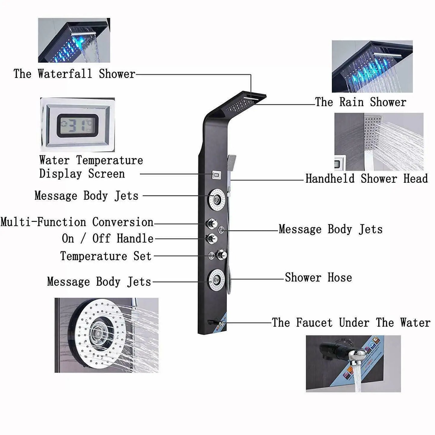 MYQualife Brushed LED Light Waterfall Shower Panel