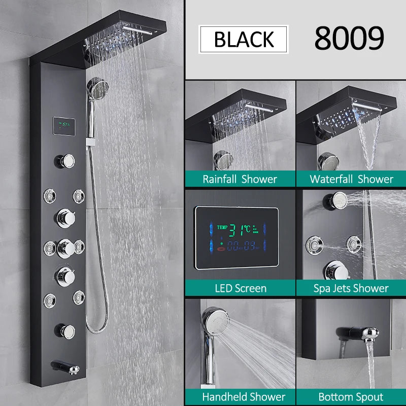 Quyanre LED Shower Panel Tower System With Hydroelectric LCD Display