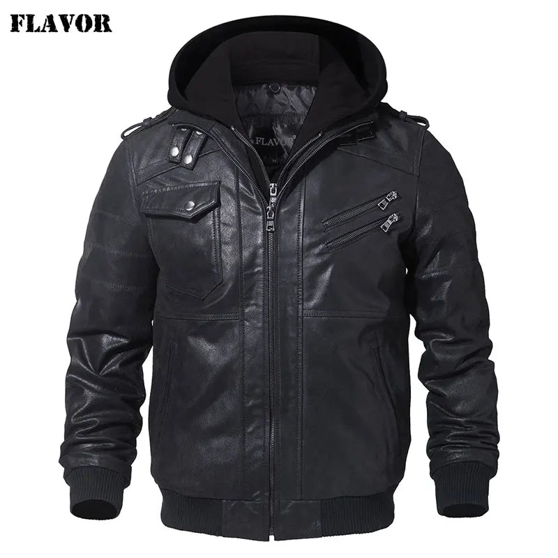 Leather Motorcycle Jacket with Removable Hood
