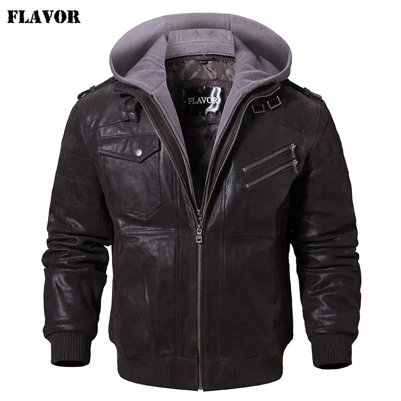 Leather Motorcycle Jacket with Removable Hood