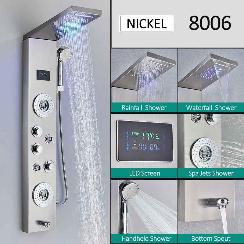 Quyanre LED Shower Panel Tower System With Hydroelectric LCD Display