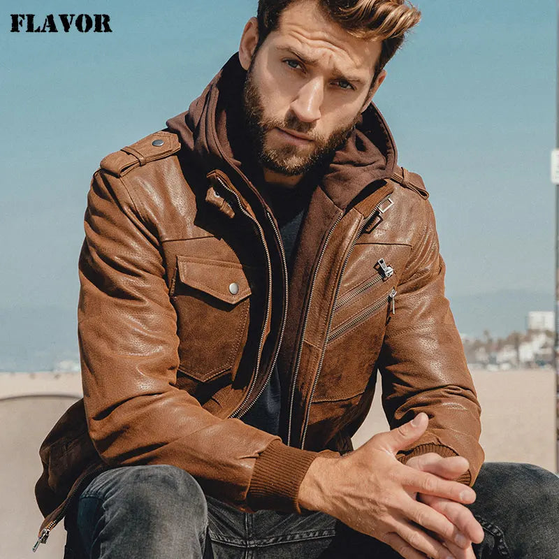 Leather Motorcycle Jacket with Removable Hood