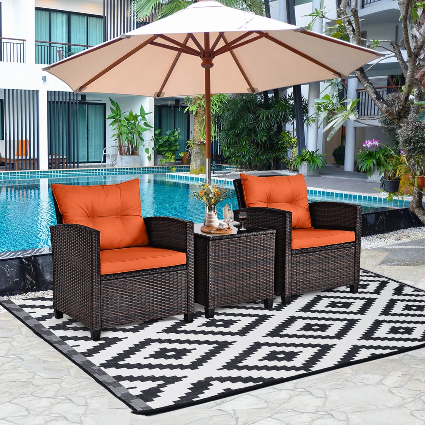 HOMASIS 3-Piece Outdoor Patio Rattan Furniture Set With Cushions