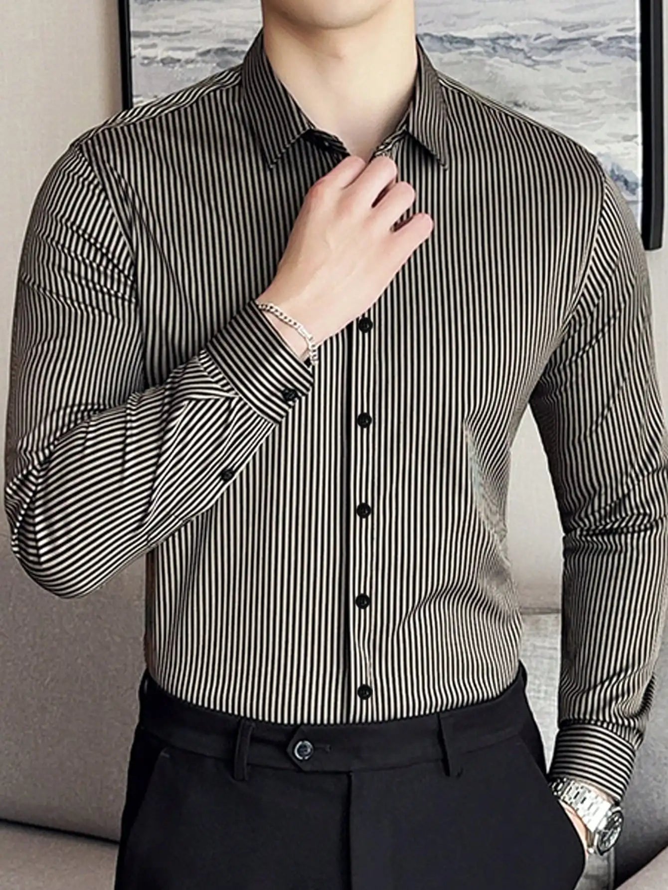 Men's Slim Fit Stripe Long Sleeve Business Casual Shirt