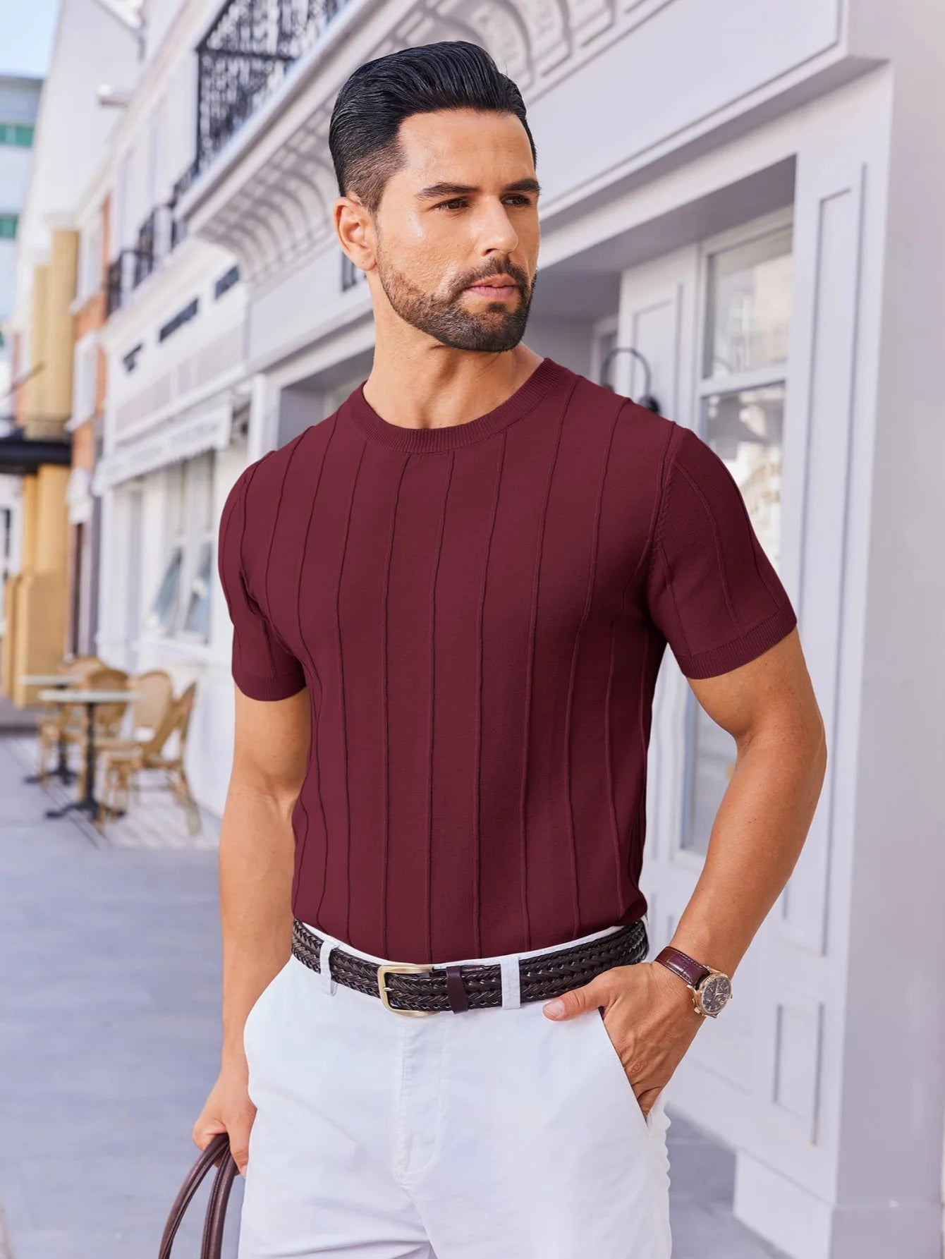 Men Summer Minimalist Short Sleeve Knit T Shirt Round Neck