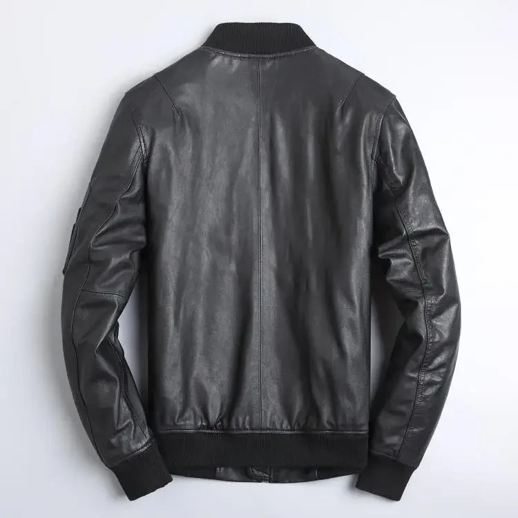 Leather Bomber Coat For Men With Zipper Front Pockets Cotton Lining
