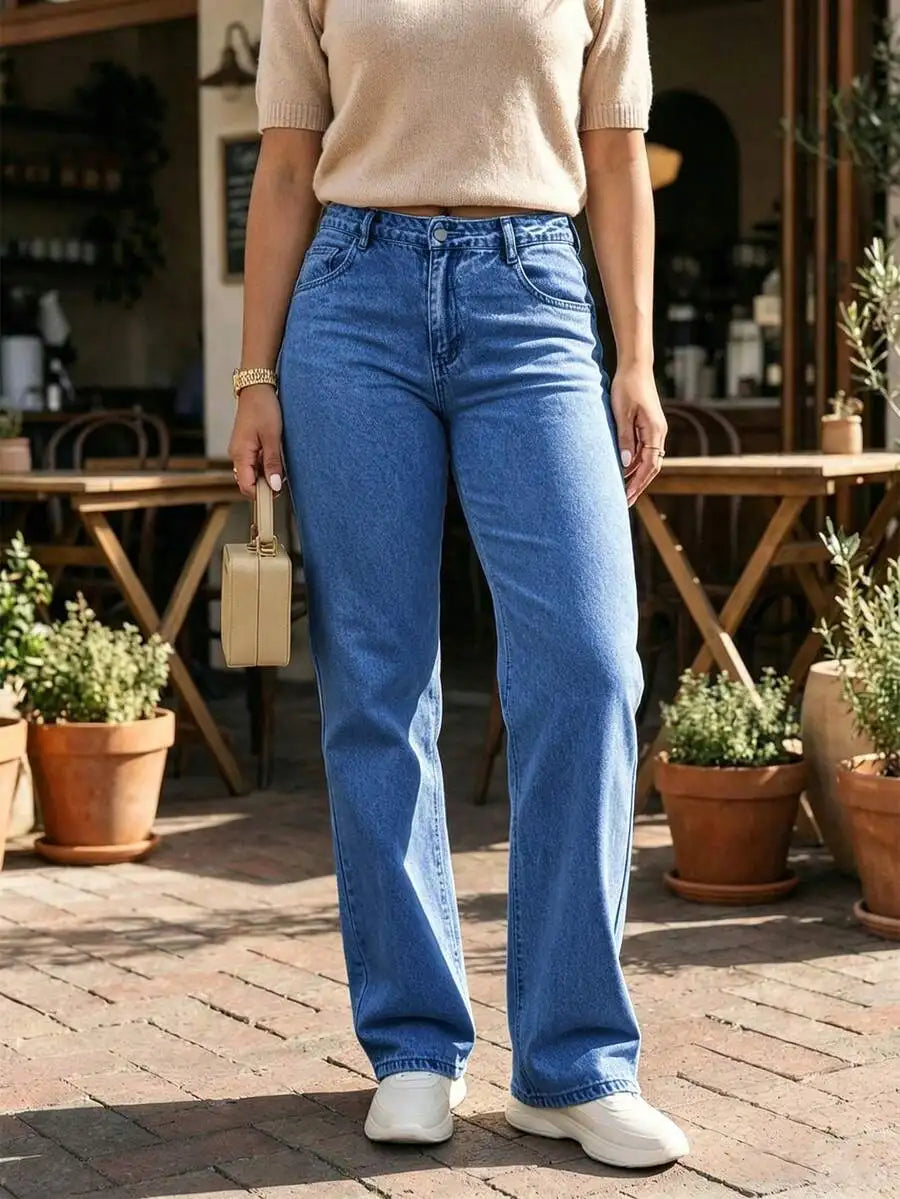 Women's Mid Rise Straight Leg Denim Jeans Loose Fit