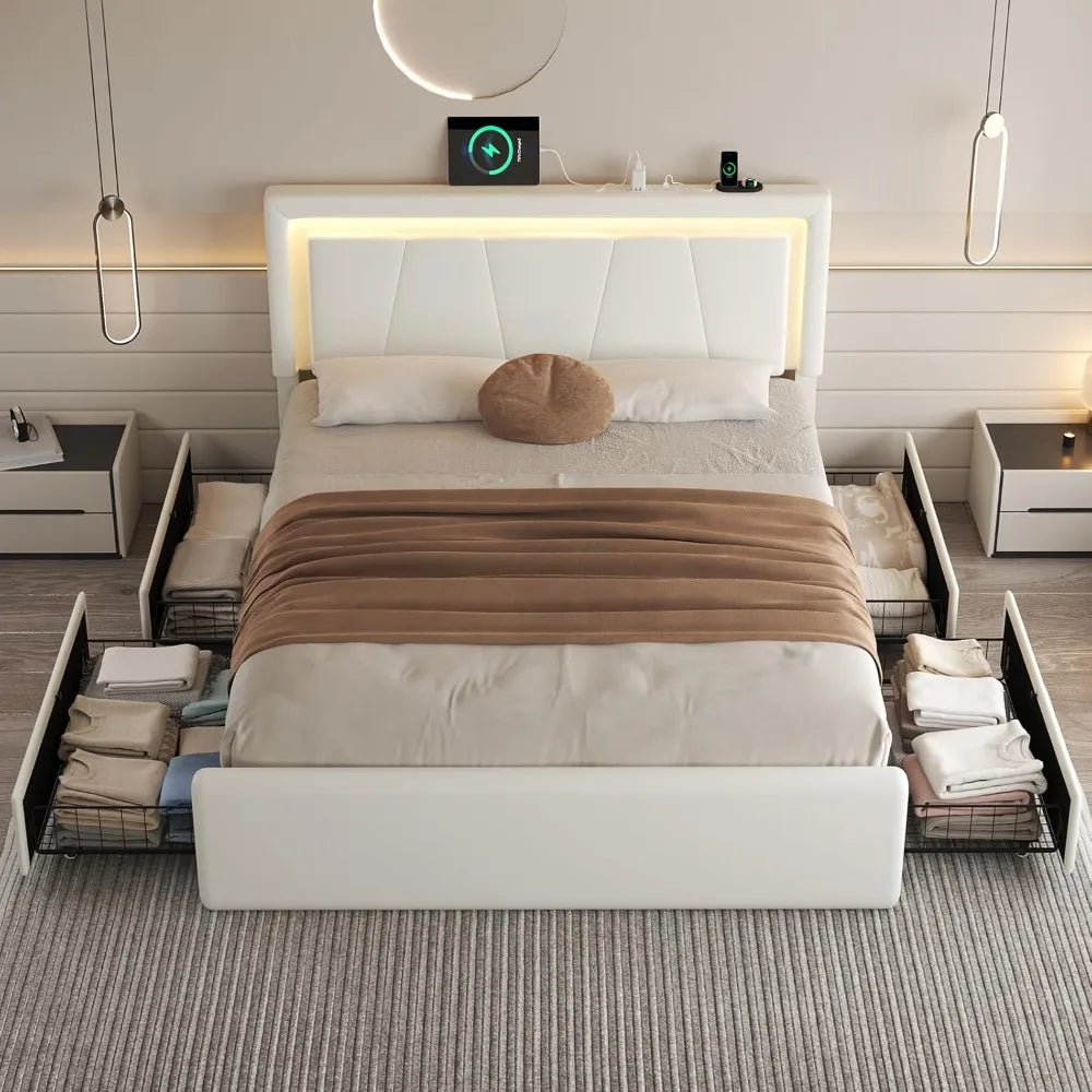 Full Size Metal Bed Frame with 4 Storage Drawers Adjustable Headboard Built-in Charging