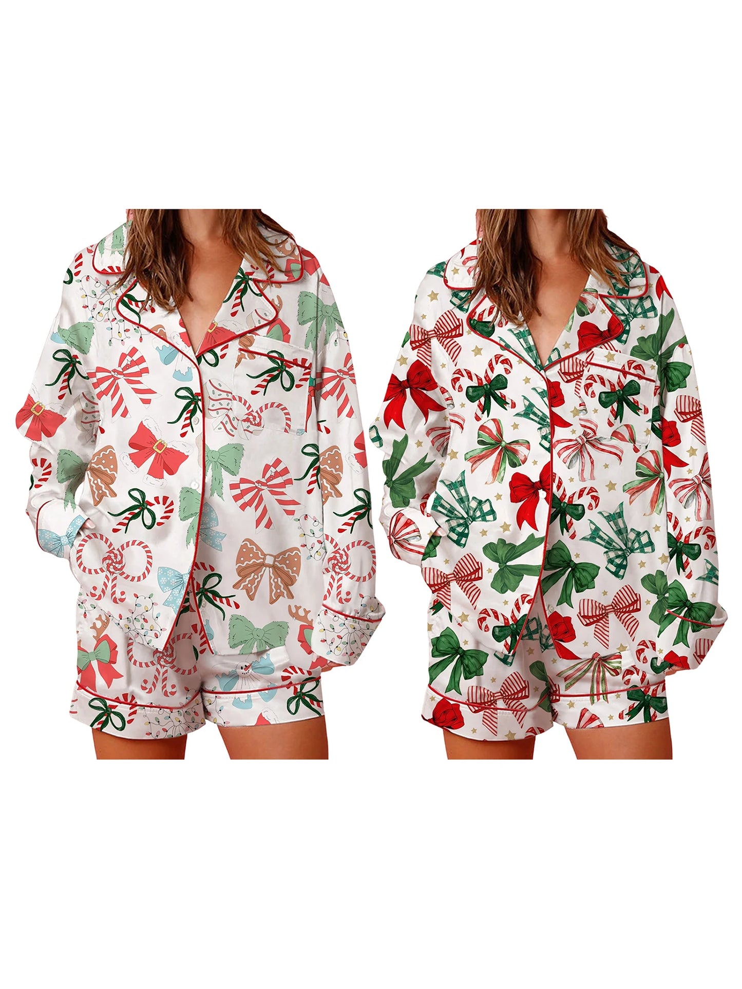 Festive Pajama Set With Long Sleeve Lapel Shirt And Shorts