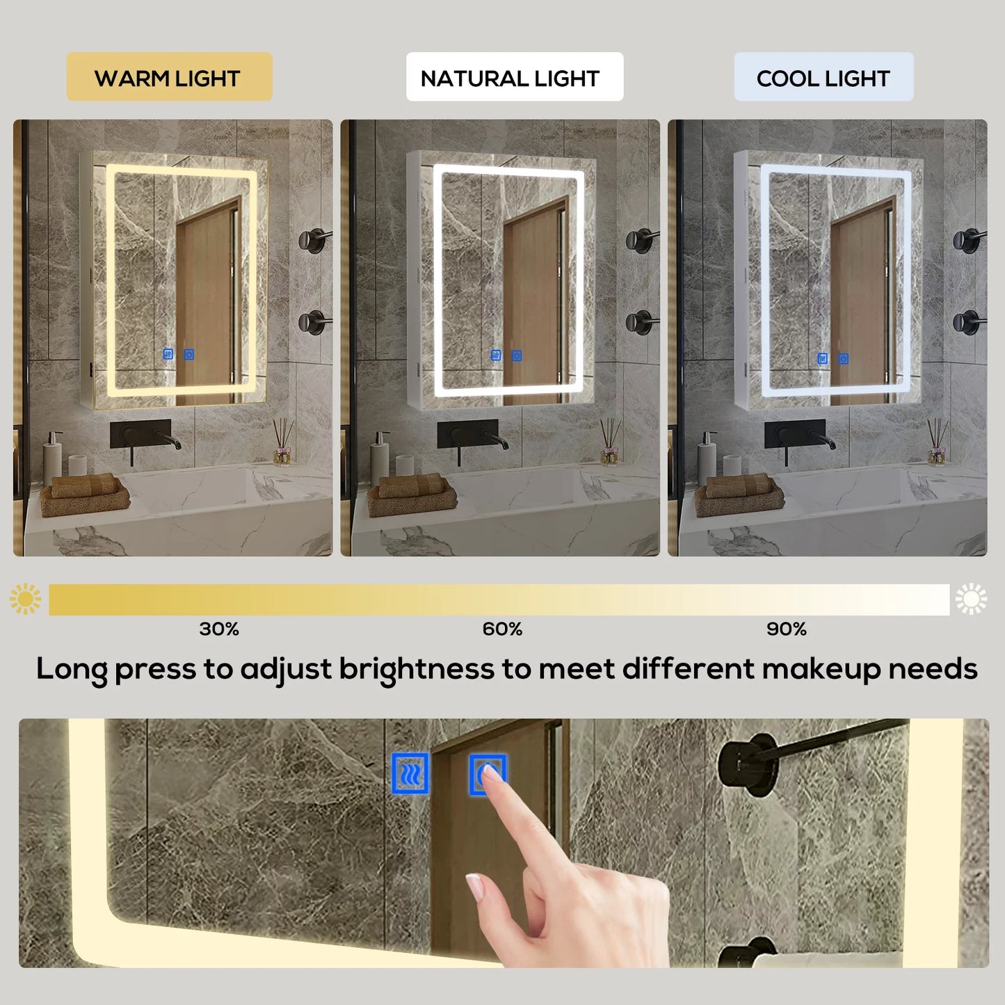 VOWNER Bathroom Medicine Cabinet With LED Mirror And Defogger