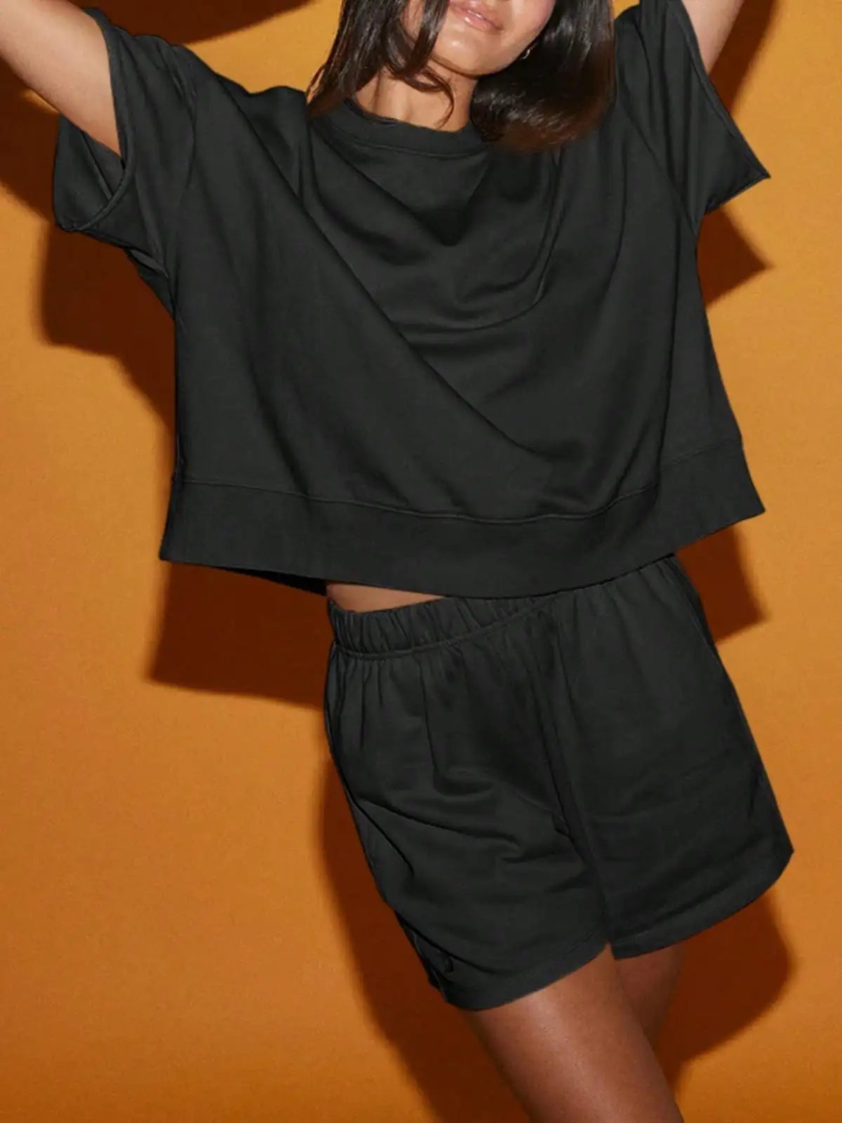 Fisoew Women High Waist Running Shorts Set With Cropped Sweatshirt