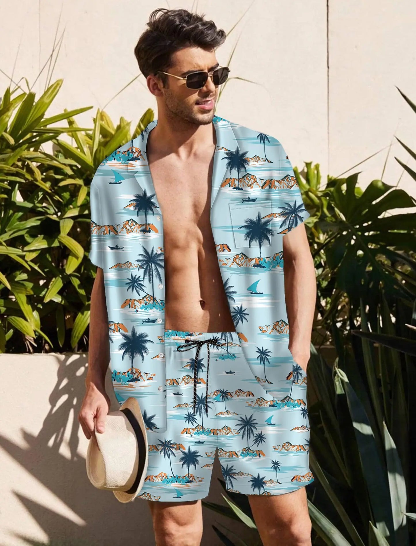 KYKUCN Men Summer Short Sleeve Button Down Beach Shirt Set