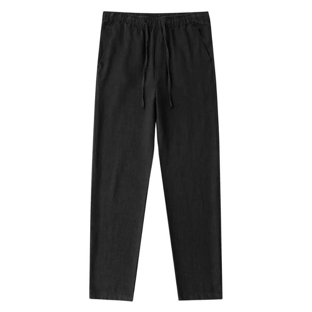 Men's Cotton Linen Pants Autumn Breathable Flat Front Trousers