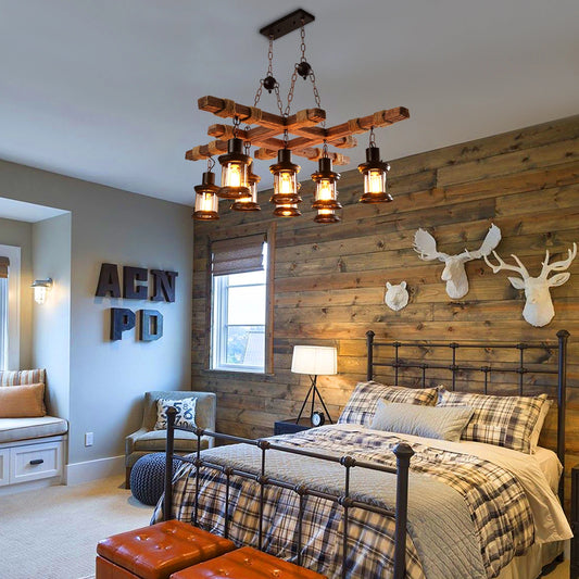 Retro Vintage Wood Ceiling Pendant Chandelier E27 Adjustable Chain