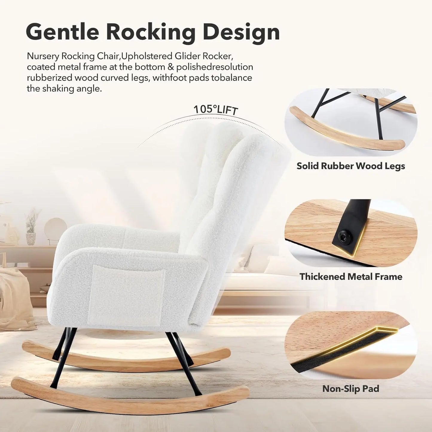 Studyset Modern Upholstered Nursery Rocking Chair With Side Pocket