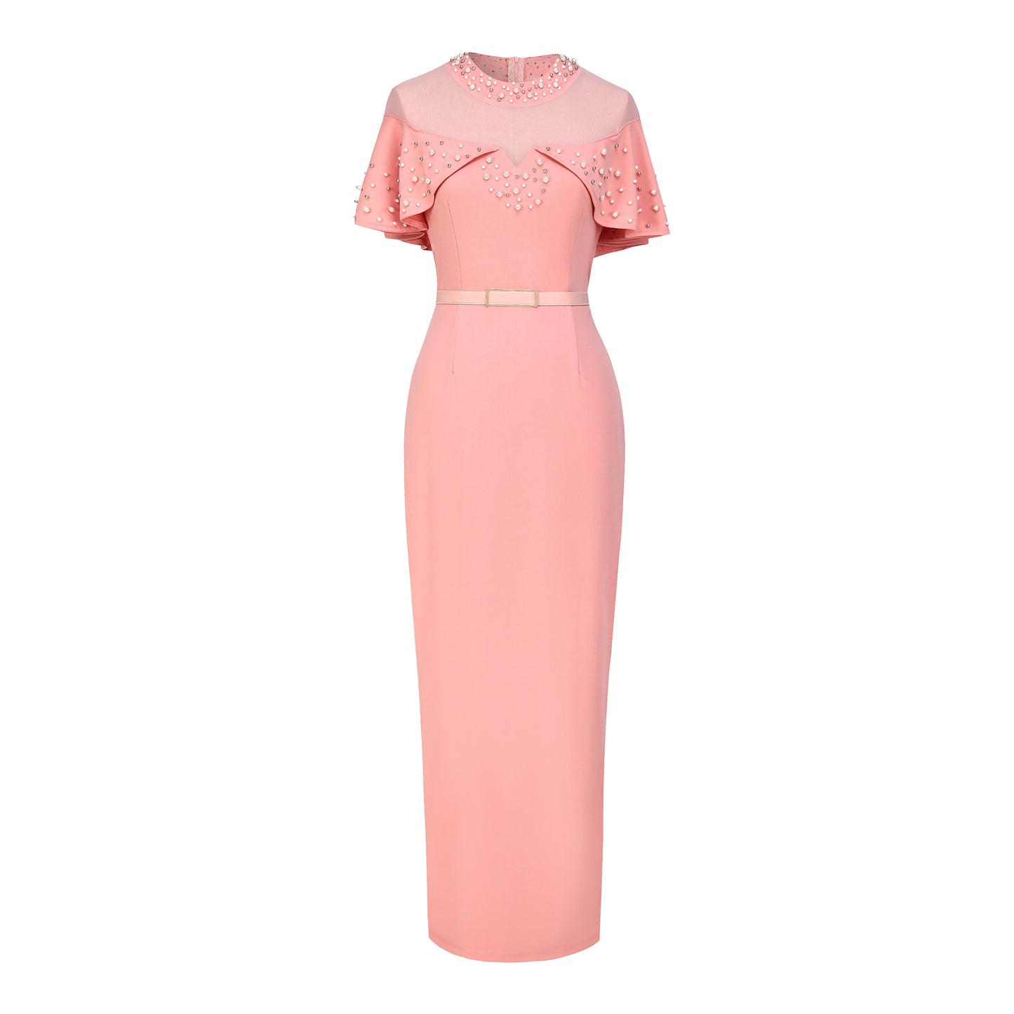 MSHIGHBEAUTY Elastic Banquet Dress With Beaded Tulle Shawl Sleeves Belted