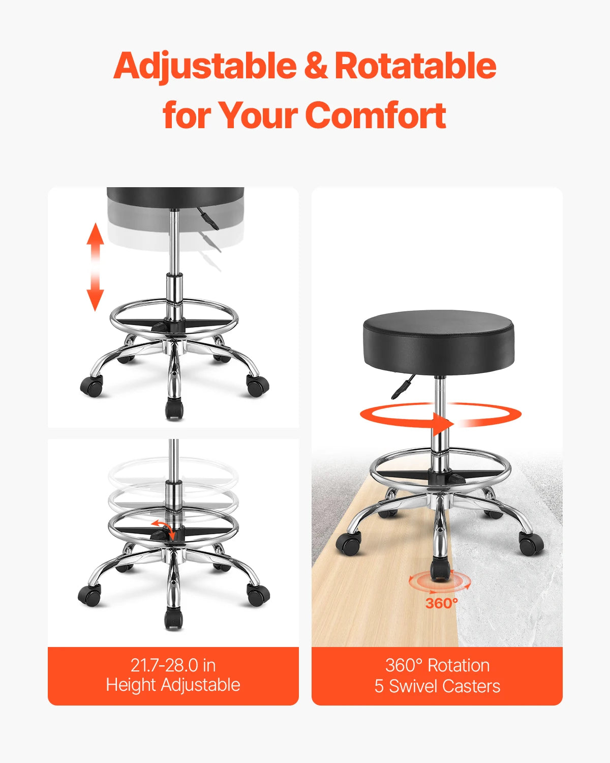 SucceBuy Round Rolling Stool Height Adjustable 450 Lbs Capacity