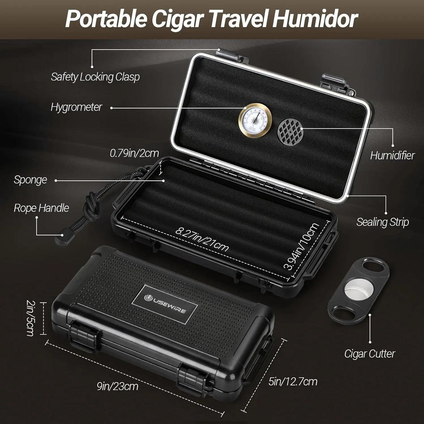 UseWire Cigar Travel Humidor Set ABS Waterproof Pressure Resistant