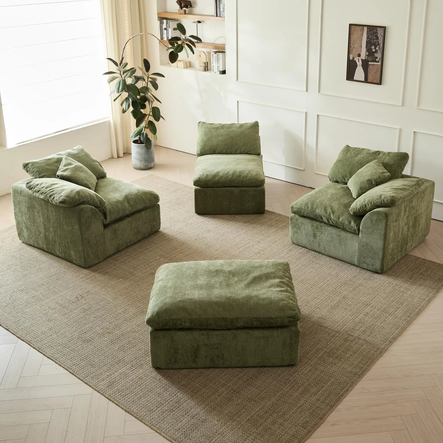 Chenille L Shaped Sofa With Ottoman Modern Living Room