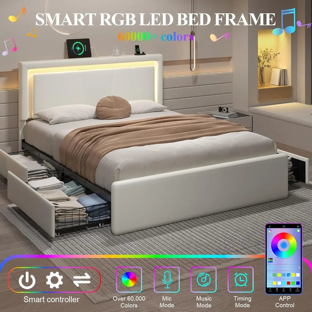 Full Size Metal Bed Frame with 4 Storage Drawers Adjustable Headboard Built-in Charging