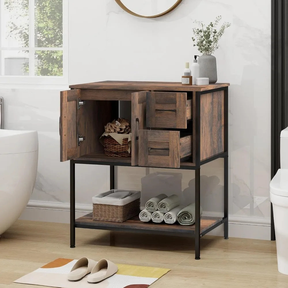 Rustic Farmhouse Vanity Set With Ceramic Sink And Wood Cabinet