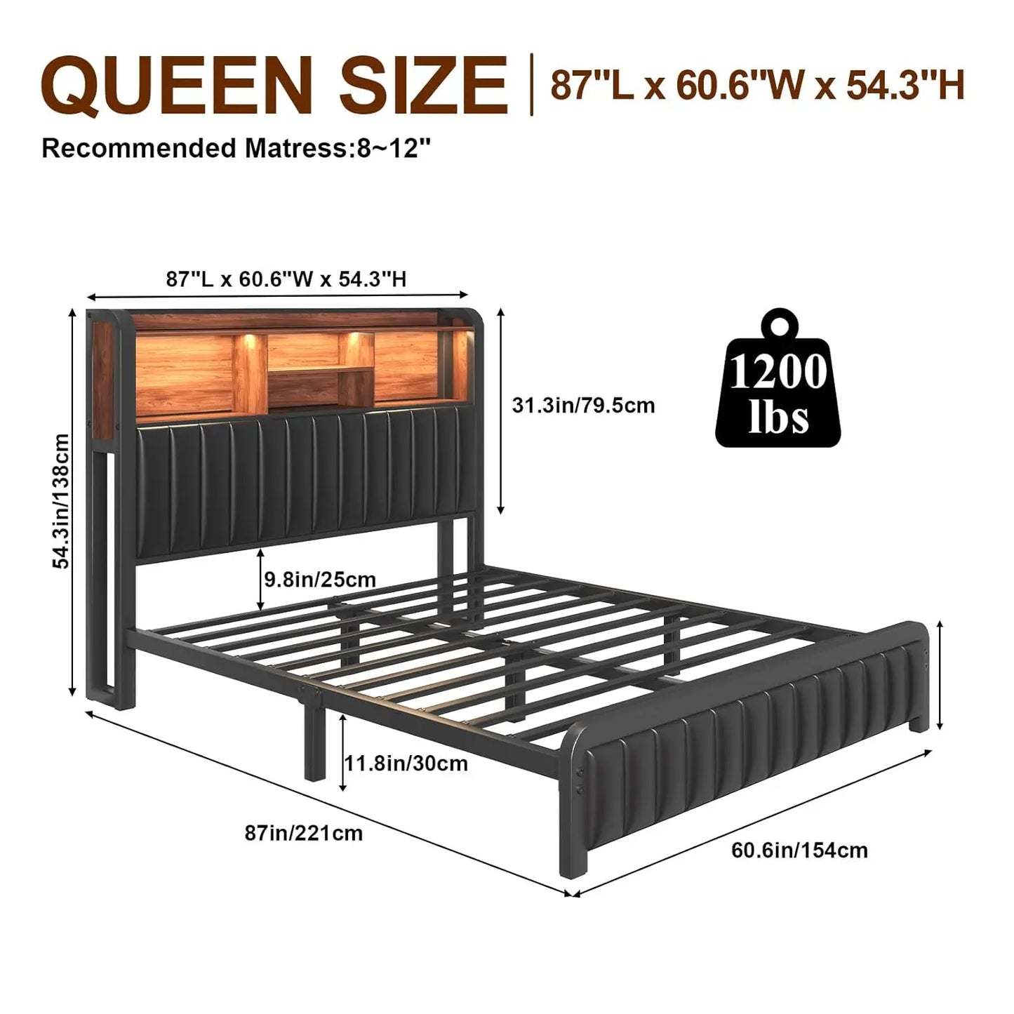 Queen Bed with 3-Tier Storage Headboard and Charging Station
