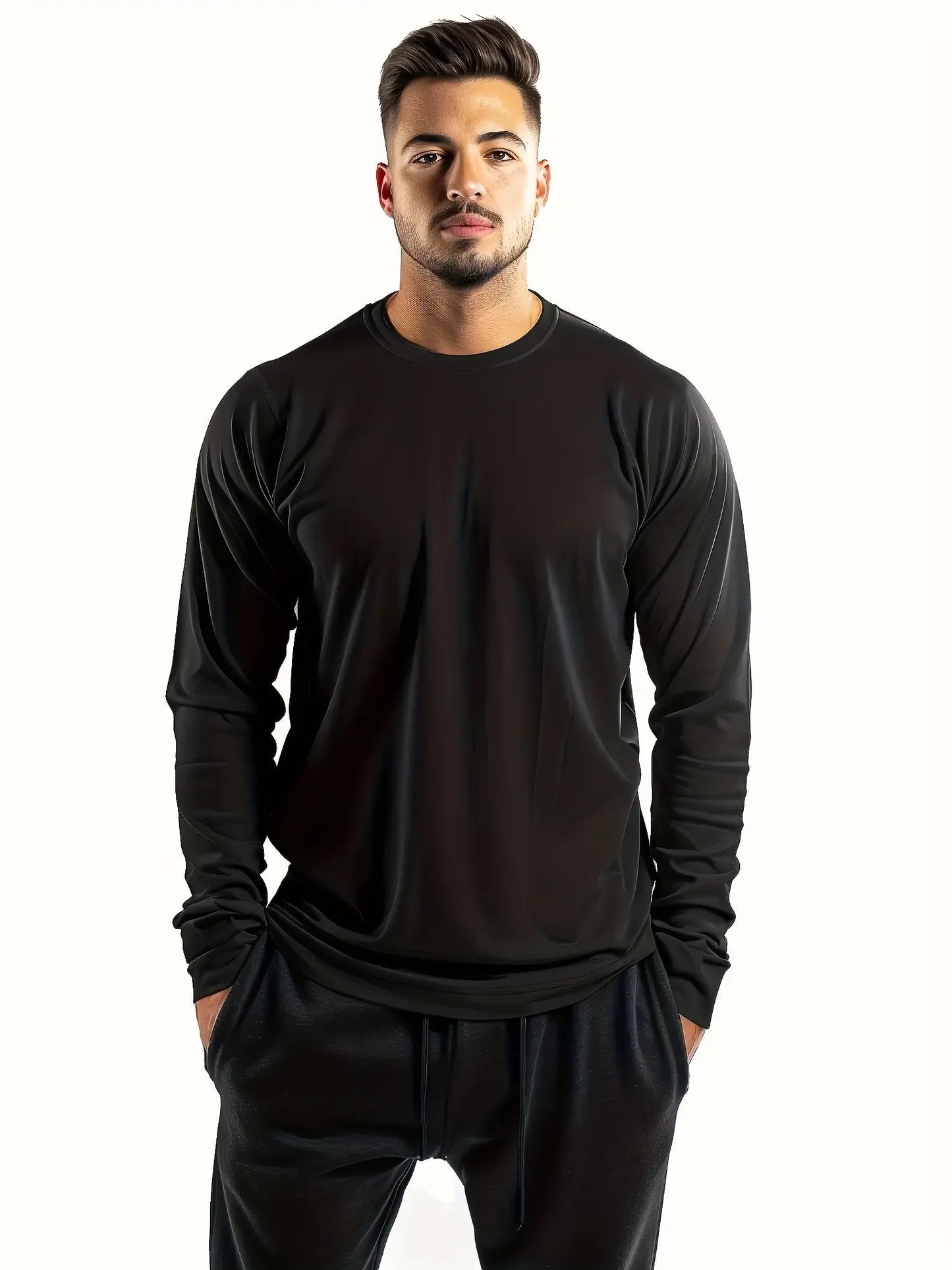 Winthunder Mens Solid Round Neck Long Sleeve T Shirt