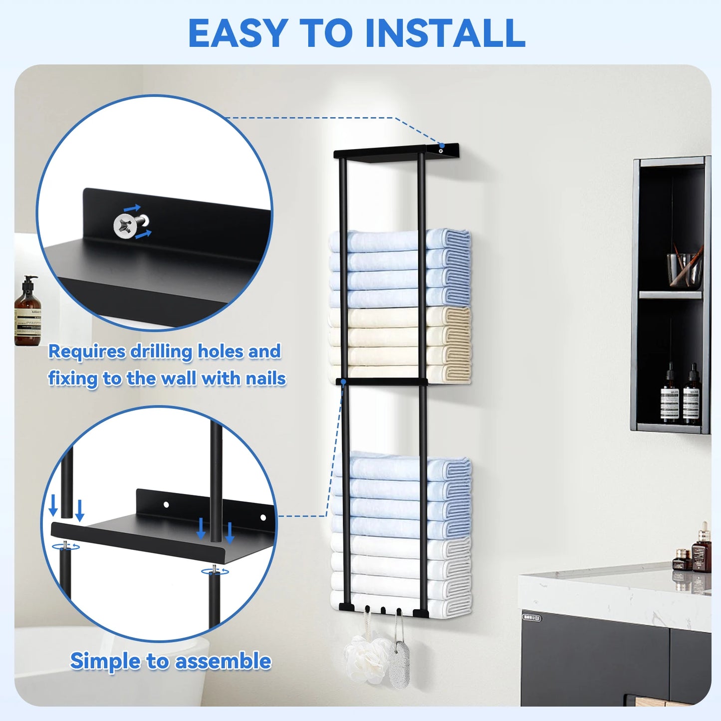 Wall Mounted Vertical Rolled Stainless Steel Towel Organizer
