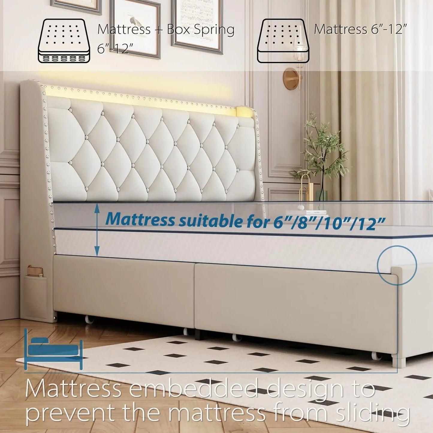 Queen Size Bed with 4 Drawers & Storage Headboard, LED Lights & Charging Station
