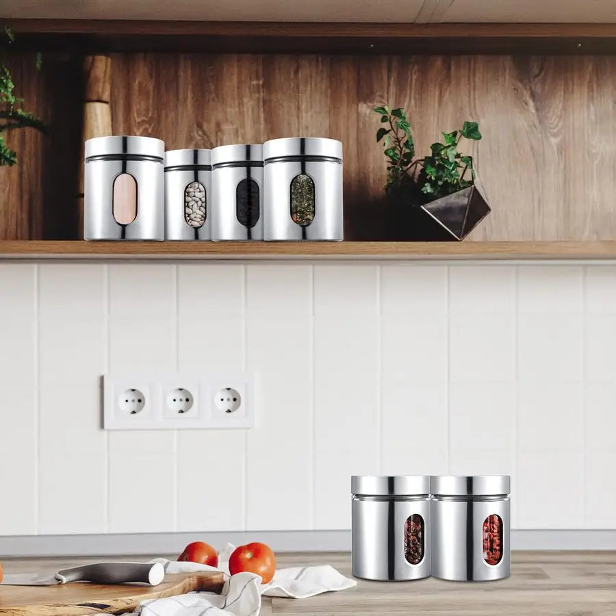 Six Pack Stainless Steel Kitchen Canisters Set With Window