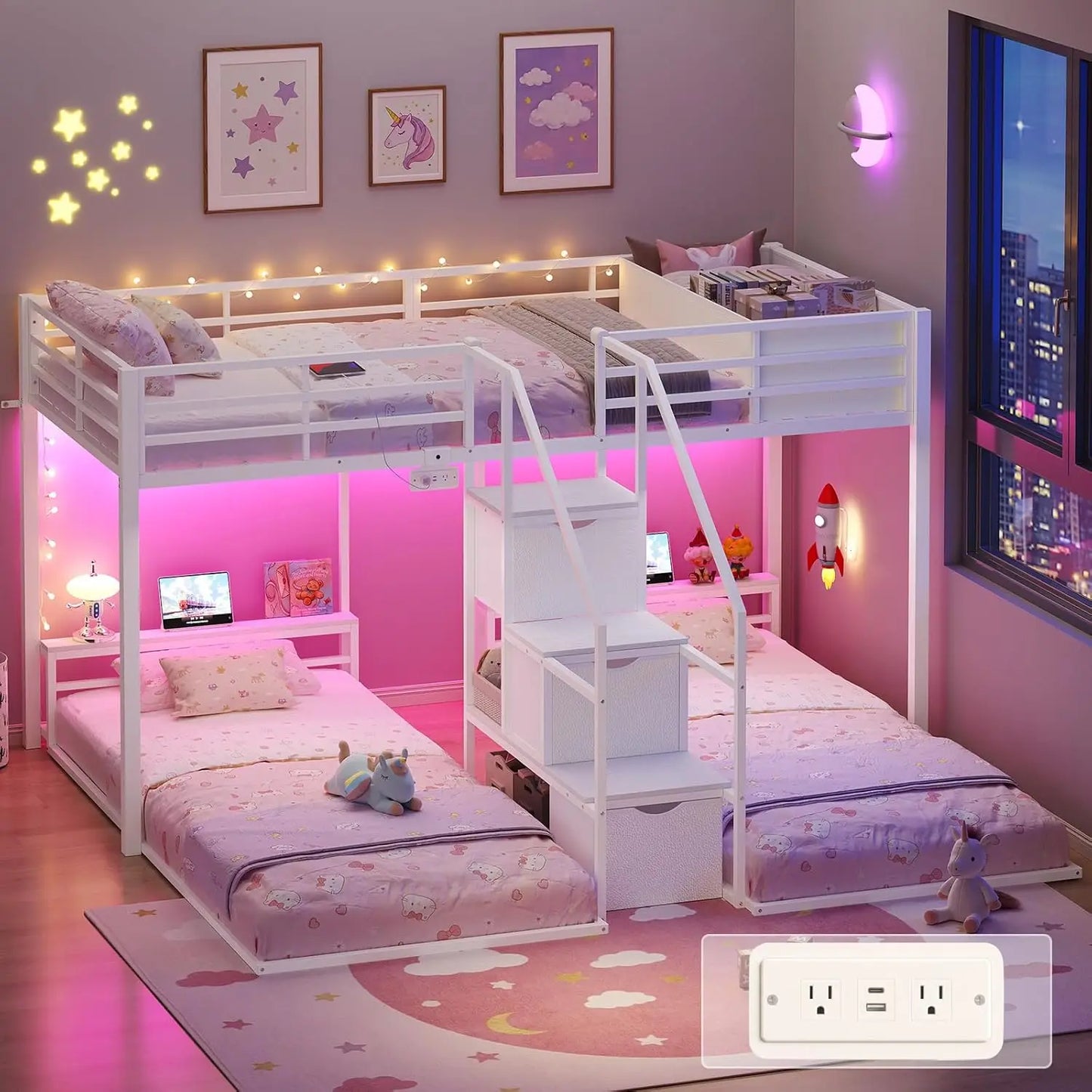 Triple Bunk Bed With Storage Staircase RGB Lights Charging Station