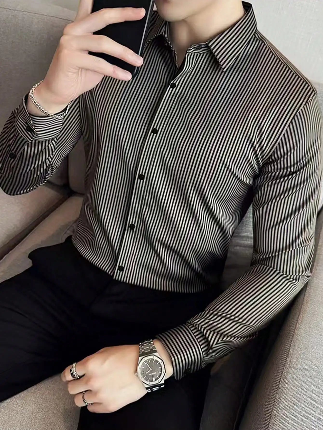 Men's Slim Fit Stripe Long Sleeve Business Casual Shirt