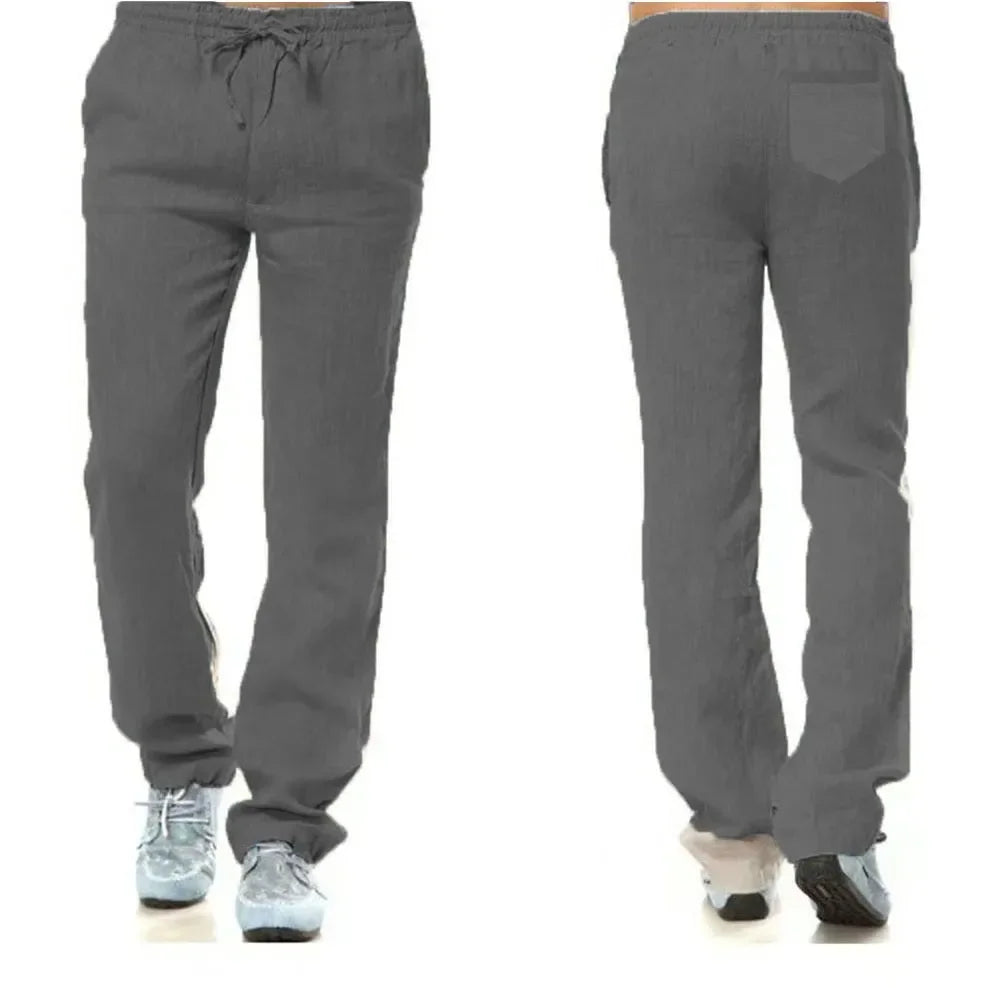 Men's Cotton Linen Pants Autumn Breathable Flat Front Trousers