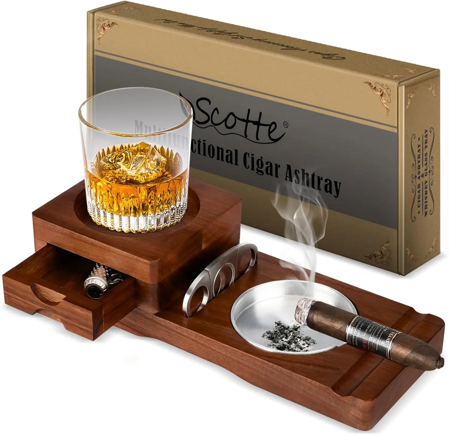 Scotte Ashtray Coaster And Wooden Tray With Drawer And Cutter