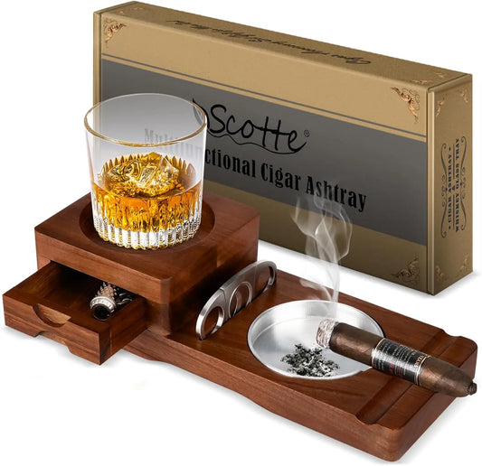 Scotte Ashtray Coaster And Wooden Tray With Drawer And Cutter