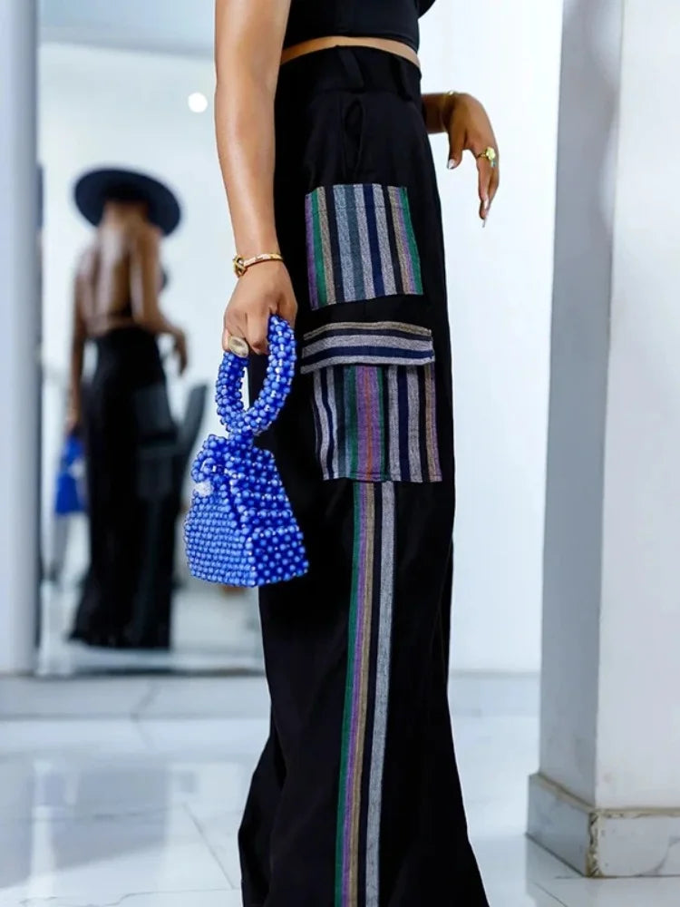 OSHOPLIVECN Womens Street Style Pocket Stripe Pants Loose