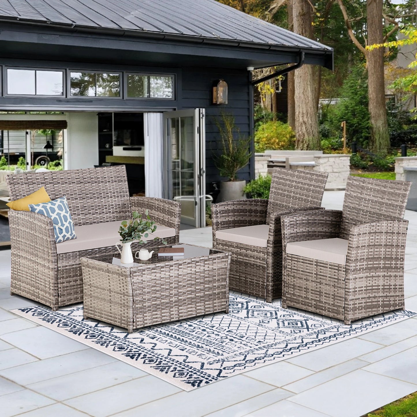 SEOGWISAM Outdoor 4 Piece Rattan Sectional Sofa Set