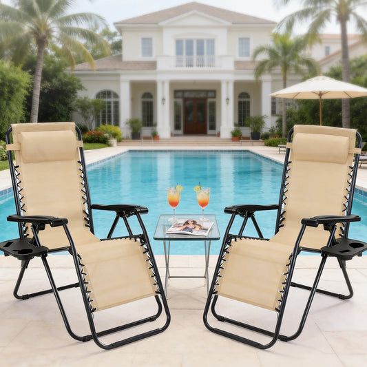Set of Zero Gravity Reclining Lounge Chairs with Cup Holder Tray