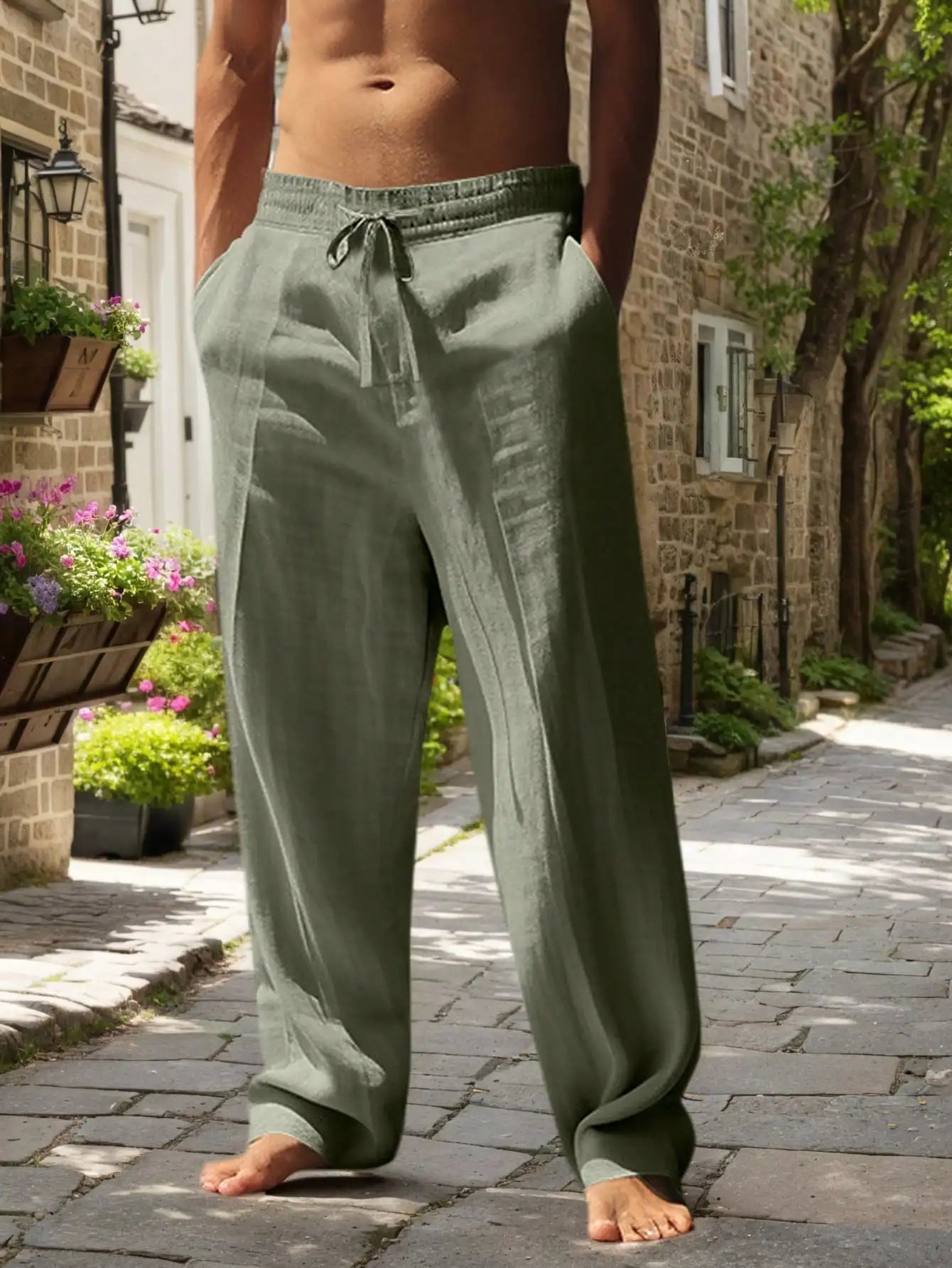 Men Linen Wide Leg Casual Pants Lightweight Breathable Trousers