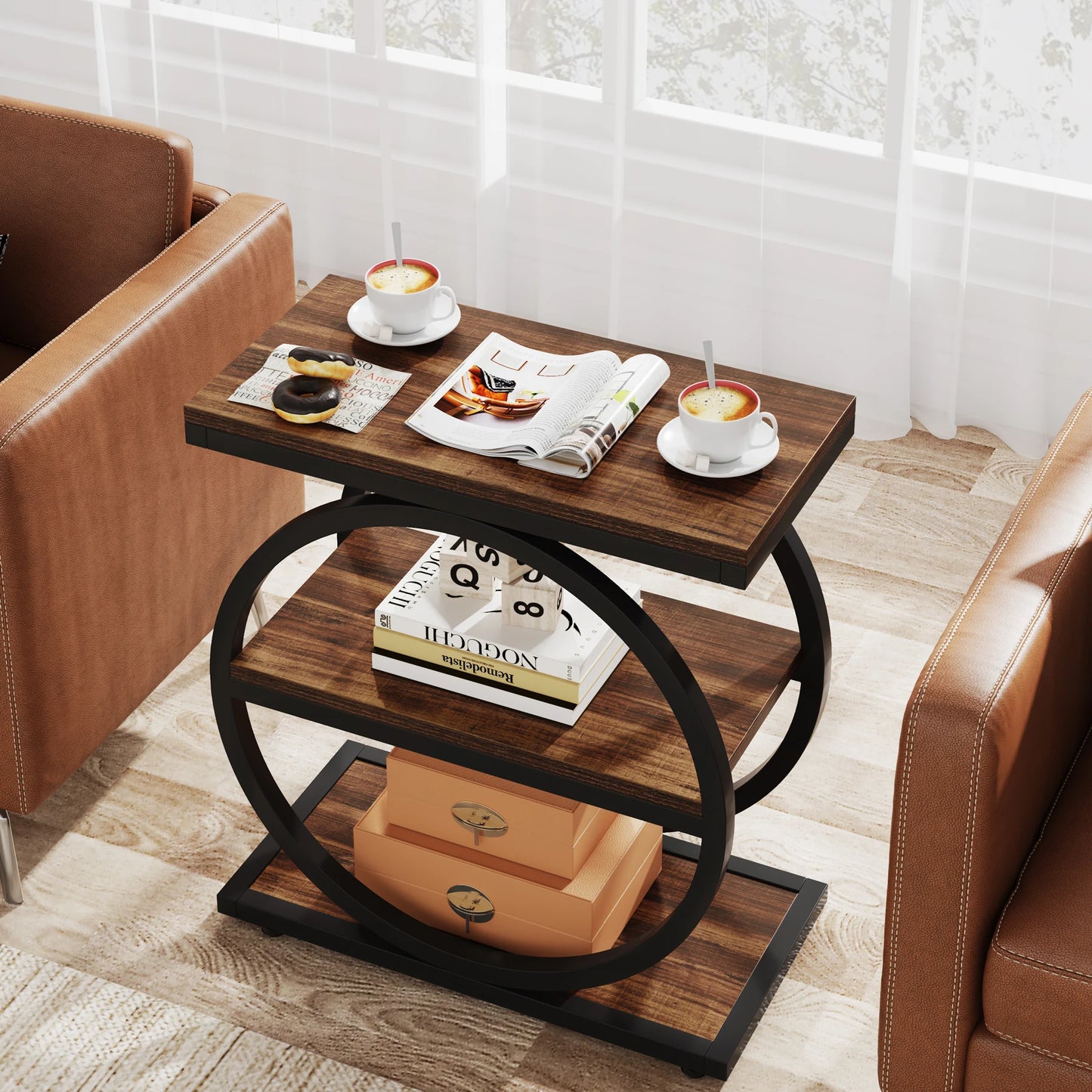 Tribesigns Industrial End Table With 3 Storage Shelves