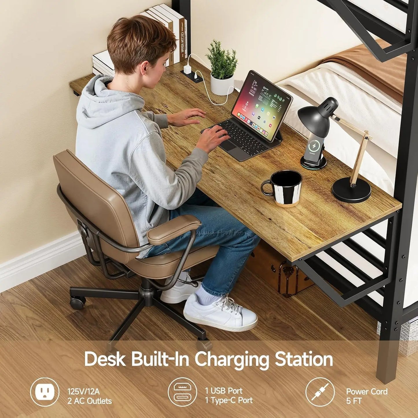 Twin Over Twin Metal Bunk Beds with Desk and Outlets