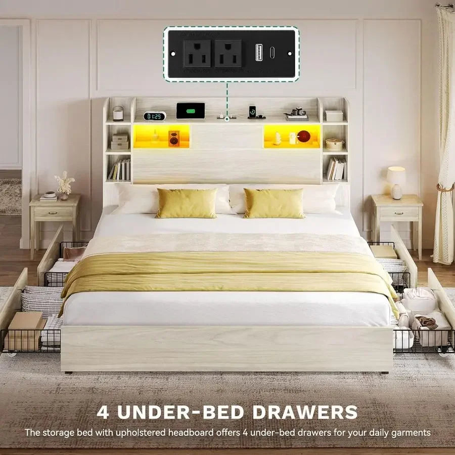 Storage Bookcase Headboard Bed Frame With 4 Drawers