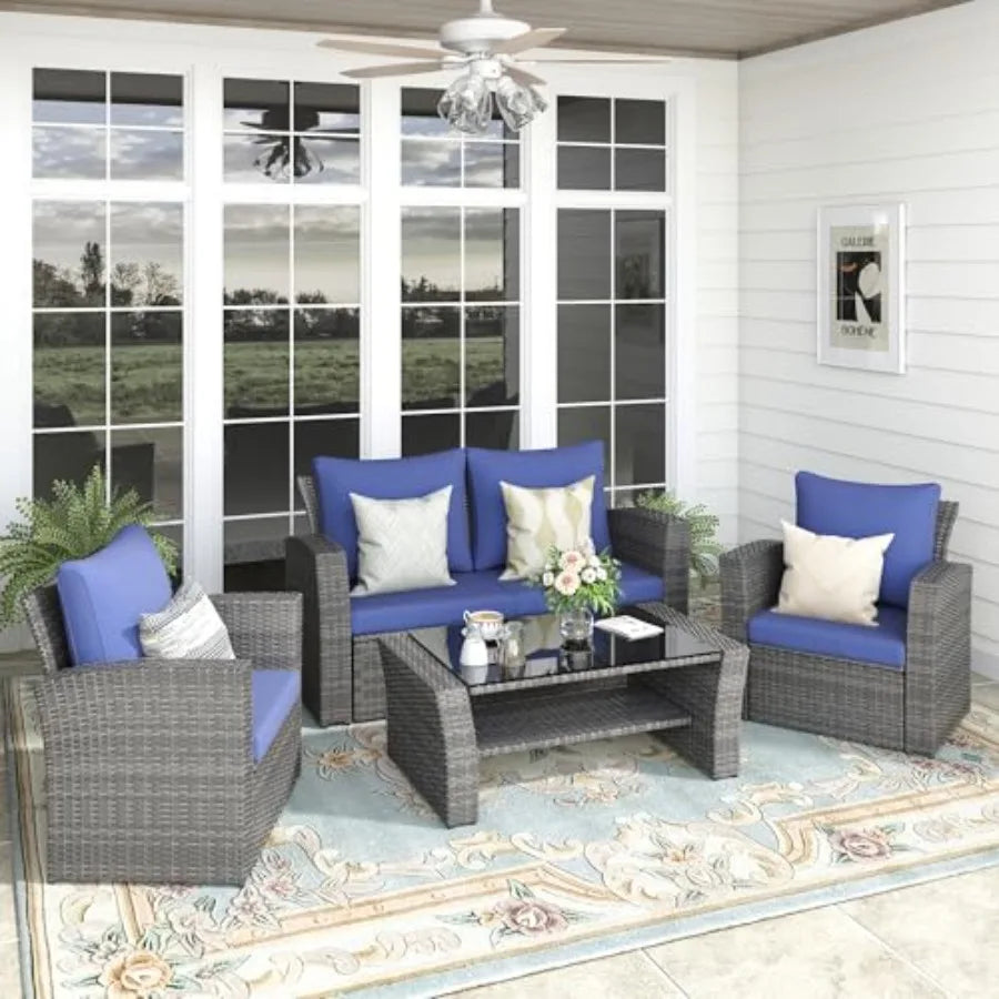 4-Piece All Weather Wicker Rattan Seating Set with Cushions