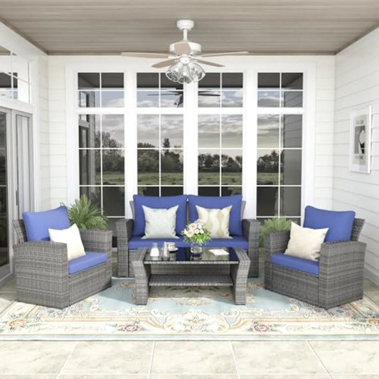 4-Piece All Weather Wicker Rattan Seating Set with Cushions